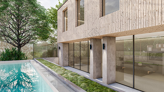 3D 展示现代房屋与自然景观的插图投资奢华草地财产别墅渲染项目反射窗户住房图片