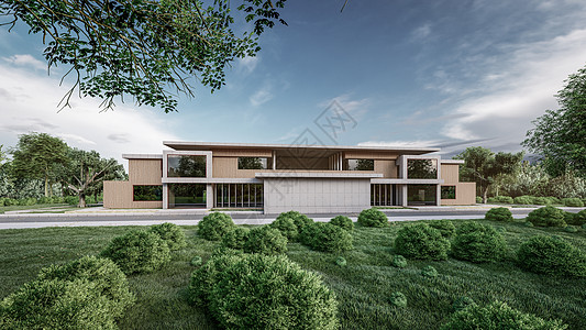 3D 展示现代房屋与自然景观的插图入口窗户住宅反射房子花园别墅抵押项目奢华图片
