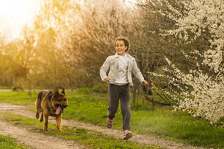 小女孩带着狗在花花园里跑步小狗花园裙子植物蜻蜓童年蝴蝶场地公园太阳图片