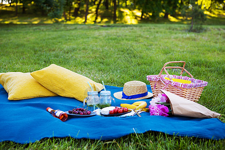 明亮的夏日野餐蔬菜检查食物太阳家庭面包国家花园果汁高架图片