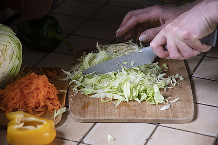 一名妇女以新鲜蔬菜为背景 在厨房切菜包菜营养桌子植物叶子产品烹饪农业饮食女士沙拉图片
