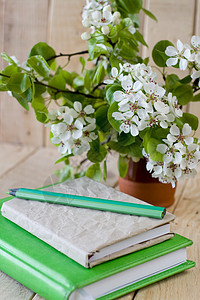 一束果树开花枝的花束和一根用铅笔在木制背景上的旧纸巾白色生日秘密棕色笔记本绿色日记水果花朵花瓶图片