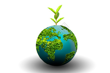白色隔离背景上绿色地球上的地球日树叶子植物庆典生态回收生物环境插图海报生长图片