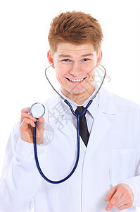 漂亮的年轻医生与听诊器幸福外套实验室微笑职业工作诊所套装女性护士图片