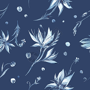 鲜蓝花园无缝型的浅绿色水彩手漆淡蓝色花园植物织物叶子蓝色墙纸纺织品艺术丛林百合打印图片
