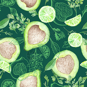 用于纺织品设计的新鲜绿水彩色素食无缝模式热带早餐食物草图绘画厨房水彩墙纸草本植物情调图片