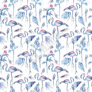 蓝色热带热带水花型图案艺术情调靛青织物打印水彩绘画纺织品叶子异国图片