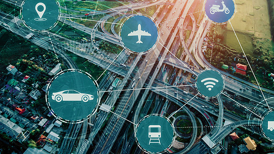新城市道路未来汽车交通的智能交通技术概念网络送货电脑智力显示器自动化出租车街道后勤无人驾驶图片