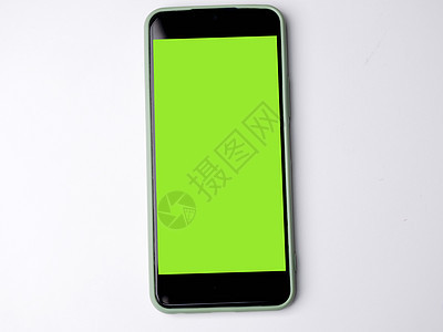 有绿色屏幕的智能手机和现代设计 孤立在白色背景上图片