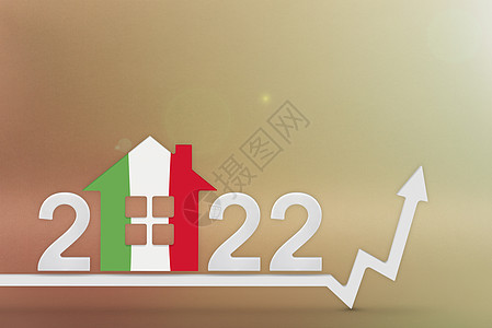 2022年Italia的房地产成本 在Italia 建筑 保险 租金费用上涨 三楼模型以旗帜颜色涂成 黄底箭头上扬图片