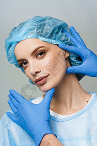 面部造型 与白背景整形外科医生协商 化妆性美容面部治疗轮廓女性注射皮肤科皱纹塑料填料注射器嘴唇皮肤图片