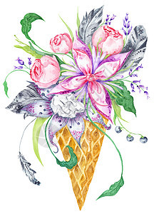 Waffle Cup 中鲜花与水彩色插图图片