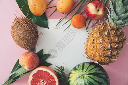 具有复制空间的热带水果布局橙子西瓜植物食物菠萝营养叶子假期旅行棕榈图片