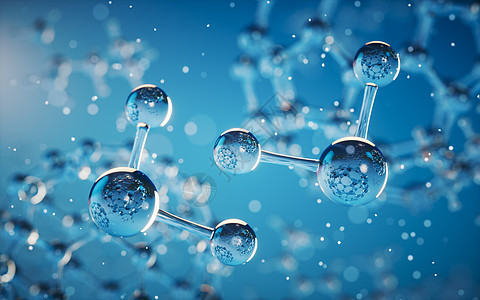 具有蓝色 background3d 渲染的化学分子合成粒子水分子微生物学生物原子化学品药店公式物理图片