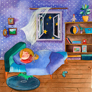 水彩插图 小女孩睡在她开着窗户的房间里 女性概念 水平视图 复制空间 设计 卡片 海报 墙纸模板图片