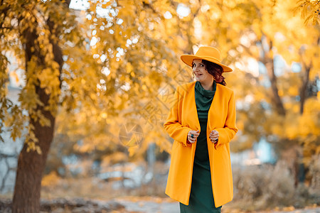 美丽的女人在秋天到户外散步 她身穿黄色外套 黄色帽子和绿色连衣裙 享受秋天天气的少妇 秋季内容毛衣围巾乐趣日落叶子头发喜悦冒充青图片