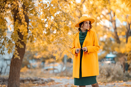 美丽的女人在秋天到户外散步 她身穿黄色外套 黄色帽子和绿色连衣裙 享受秋天天气的少妇 秋季内容落叶树叶女性女士季节幸福晴天日落公图片