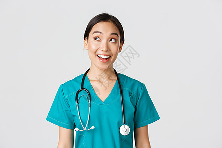 保健工作者 预防病毒 检疫运动概念 在洗涤剂中充满精神的微笑着像牙医生 在左上角看护士时面带笑脸 站立白背景社交传染性病人医院看图片