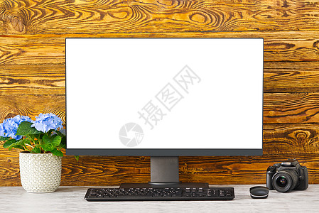 样机复制空间空白屏幕概念 在家中或工作室配备电脑的时尚工作区设计师笔记本键盘互联网网络办公室房间框架桌面商业图片