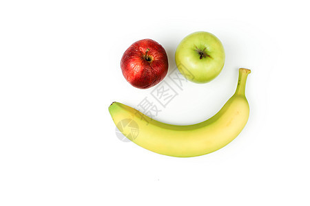 白色时装背景上带文字空间的苹果微笑香蕉和苹果图片