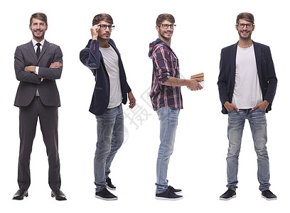 一个成功的年轻人的相片拼贴画学生衬衫相机微笑成人人士男人背包大学生意人图片