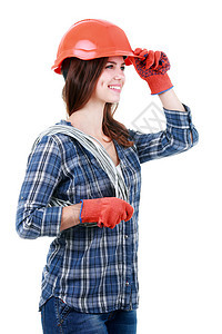 穿着建筑工制服的快乐妇女劳动者工程师公寓石膏头盔工人帽子承包商维修安全帽图片