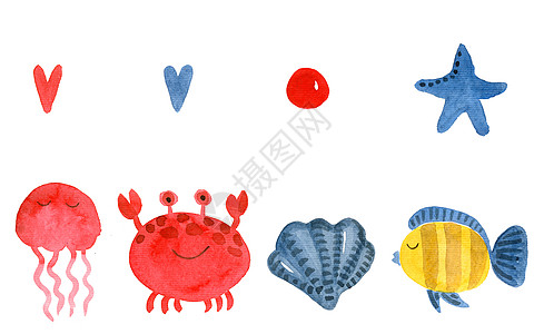 一群有趣的水彩动物 不同的海洋动物图片