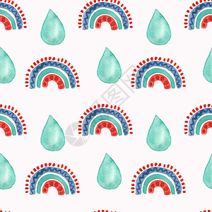 水彩婴儿洗澡卡多彩彩虹和雨滴的无缝水颜色模式背景