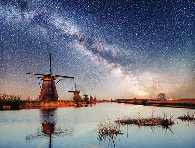 夜间荷兰磨坊 星空 荷兰荷兰图片