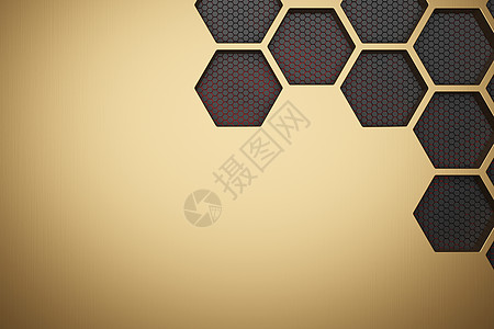 未来黄金六边形纹理背景 3D金子墙纸奢华网格青铜拉丝炙烤蜂窝框架技术图片