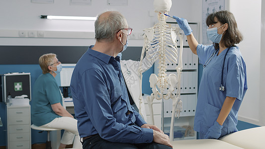 女性专家指向脊椎骨的人体骨骼图片