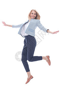快乐的年轻女商务人士 孤立在白色上胜利女性商务套装成功幸福广告欢呼情感手势图片
