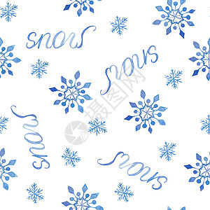 水彩手绘无缝图案与雪短语书写刻字和蓝色雪花 圣诞新年贺卡请柬设计的精美插图 电蓝色雪霜粉彩 冬天的背景图片