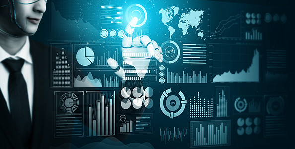 大数据分析平台未来机器人人造智能概念的进化技术虚拟数据经济机械手商务人士现实互联网电子人背景