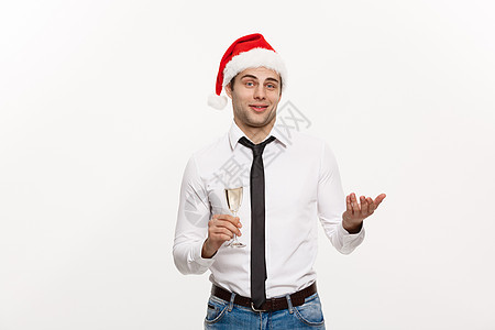 圣诞节概念英俊的商务人士庆祝圣诞快乐和新年快乐戴圣诞帽和香槟杯庆典商业香槟商务盒子团体公司展示玻璃快乐图片