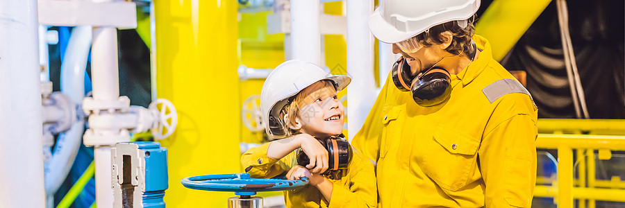 横幅 长格式年轻人和小男孩都穿着黄色工作服 眼镜和头盔 在工业环境 石油平台或液化气厂装备教育海洋个人活力钻机工程师石化压缩机事图片