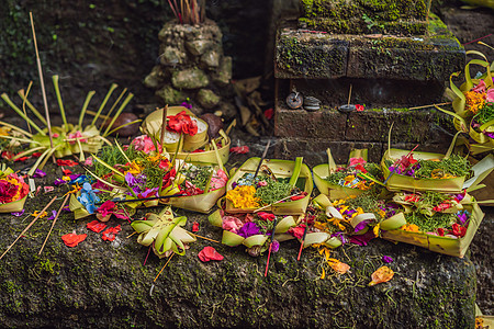 每日送礼在印度尼西亚巴厘岛 加南沙里语非常重要吸引力上帝植物群艺术精神乌布正方形奉献礼物树叶图片