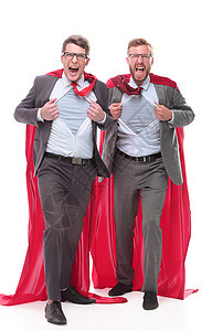 两个穿着超级英雄斗篷的 尖叫着的生意人情感职业眼镜胸部戏服领导者衬衫勇气伙伴活力图片