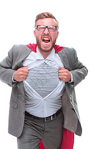 穿着超级超级英雄Cape的单身商务人士撕破了他的衬衫英雄男人员工商务男性领导者解决方案戏服领导帮助图片