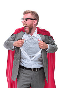 超级商务人士把他的衬衫撕脱了 孤立在白色上职业胸部男人领导帮助套装披风戏服勇气超级英雄图片