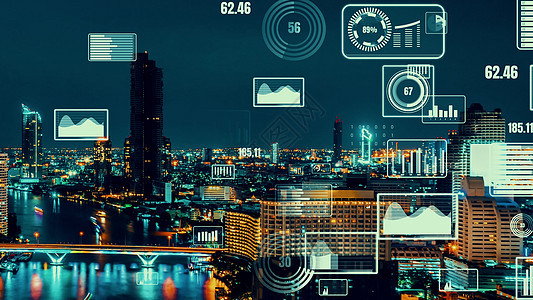 商业数据分析界面在智能城市上空飞过 显示改变的未来服务经济互联网手机建筑网络解决方案全球化电影人工智能图片
