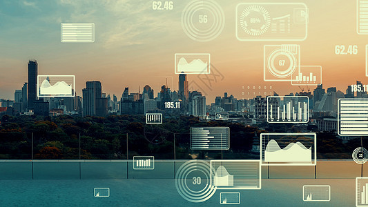 商业数据分析界面在智能城市上空飞过 显示改变的未来金融人工智能加密分析师银行家货币报告管理客户关系技术图片