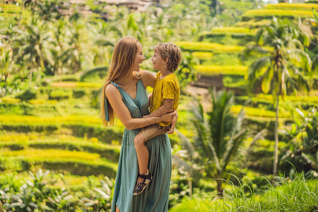 在印度尼西亚巴厘的乌布德 米田水稻梯田Ubud背景中母亲和儿子在稻田 与儿童一起旅行的概念农村女士草地蓝色爬坡农场游客帽子女孩文图片