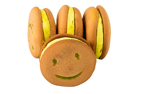 单独在白色背景上填满香蕉的笑饼干 单打独斗香草孩子们眼睛牛奶诱惑微笑圆圈笑脸面包营养图片