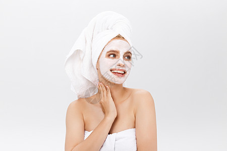 白底带面罩的漂亮女人治疗呵护护理保湿眼睛身体面具外科化妆品美容图片