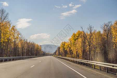 与五颜六色的秋天森林的惊人的看法有柏油山路的 美丽的风景与空旷的道路 树木和秋天的阳光 旅行背景 自然太阳蓝色橙子日落驾驶公园自图片