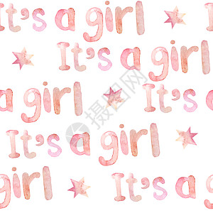 手绘星星无缝水彩手绘图案与它是一个女孩刻字 白色背景上的星星 婴儿送礼会庆祝派对设计邀请卡纺织壁纸 粉红色的腮红颜色神奇快乐背景