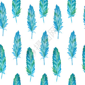 水彩无缝手绘图案与蓝绿色绿松石羽毛 用于纺织壁纸的海蓝宝石波西米亚风背景 浪漫素描复古婚礼插图图片