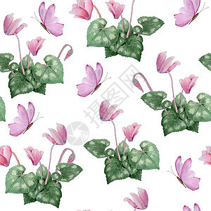 水彩手绘无缝图案插图粉色紫色仙客来野生花卉蝴蝶 森林木林地自然植物 逼真的设计叶花瓣 对于婚礼卡 请柬图片