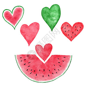 红色和绿色的西瓜心水彩手绘插图 夏季水果设计为派对装饰蔬菜背景 天然有机植物 切片 种子元素 新鲜食品概念图片